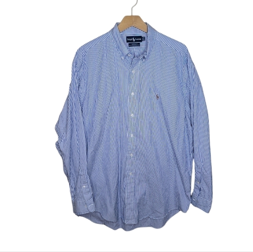 Ralph Lauren | Yarmouth Cotton Pinpoint Oxford Blue White Striped Shirt